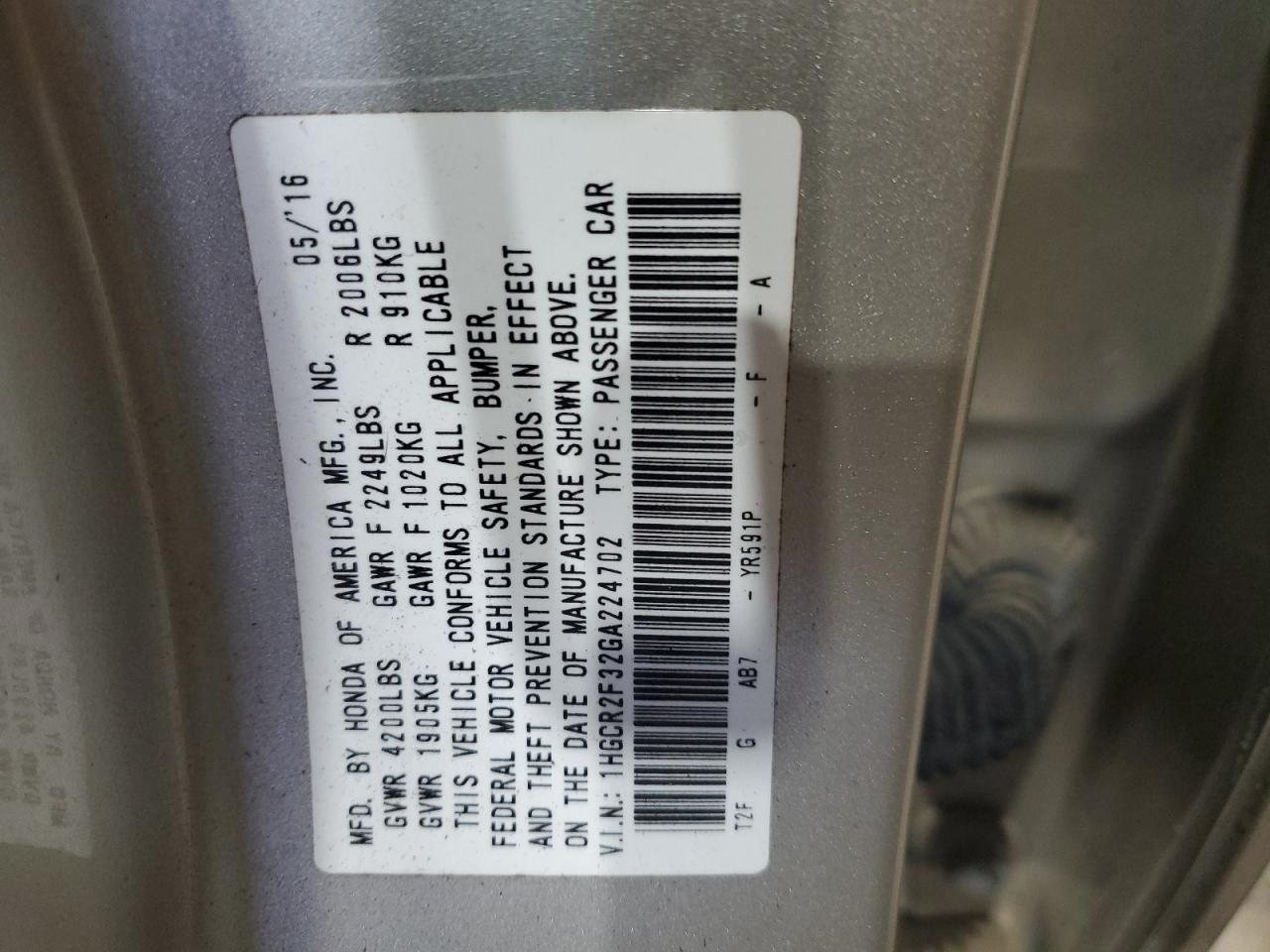 1HGCR2F32GA224702 2016 Honda Accord Lx