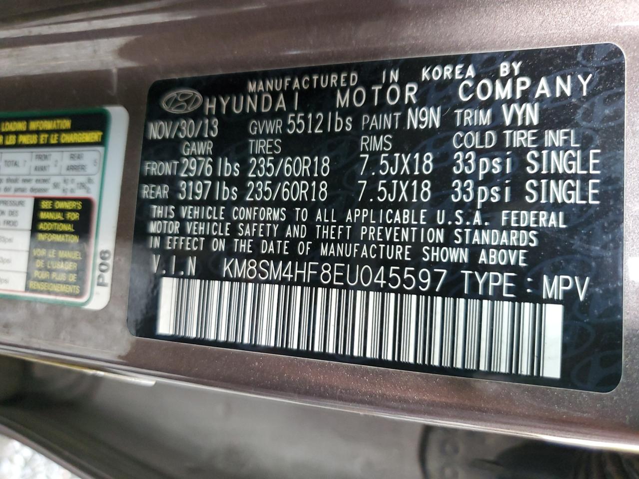 KM8SM4HF8EU045597 2014 Hyundai Santa Fe Gls