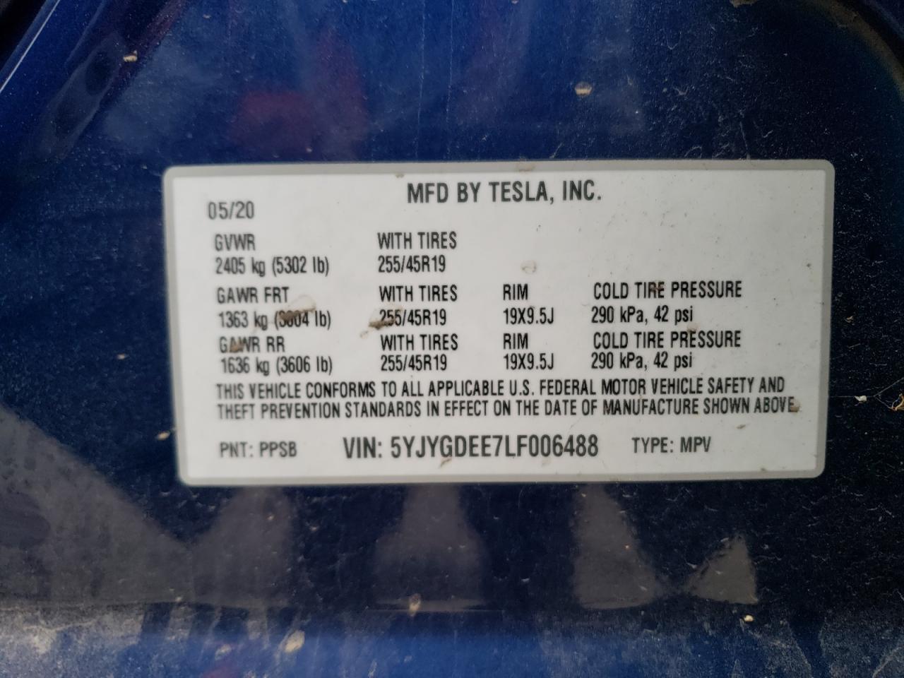 2020 Tesla Model Y VIN: 5YJYGDEE7LF006488 Lot: 73006654