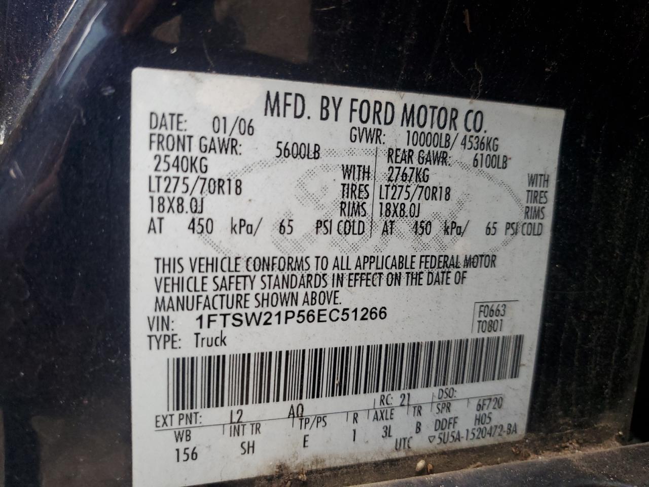 1FTSW21P56EC51266 2006 Ford F250 Super Duty