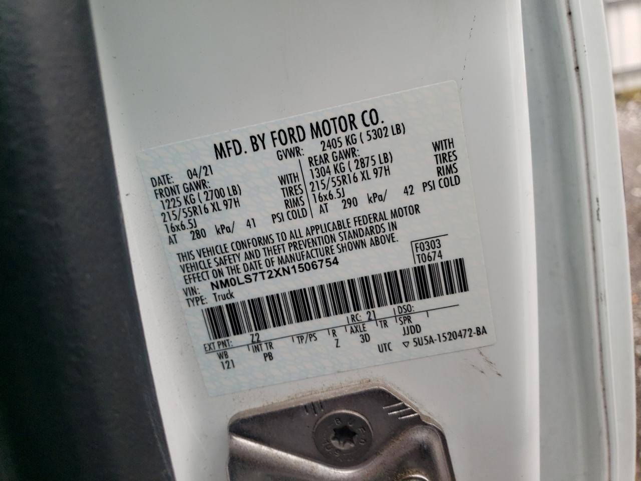 NM0LS7T2XN1506754 FORD TRANSIT 2022