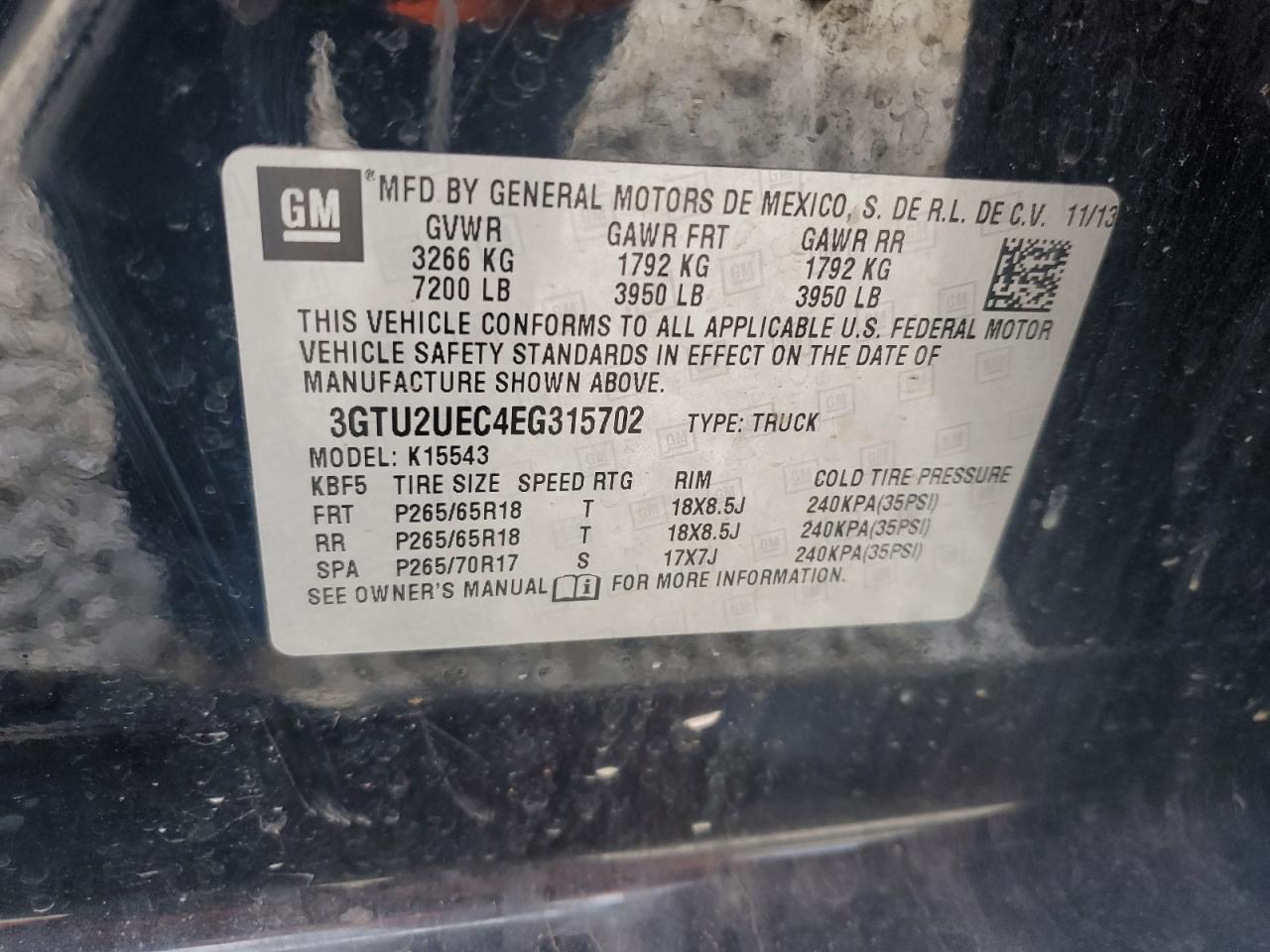 3GTU2UEC4EG315702 2014 GMC Sierra K1500 Sle