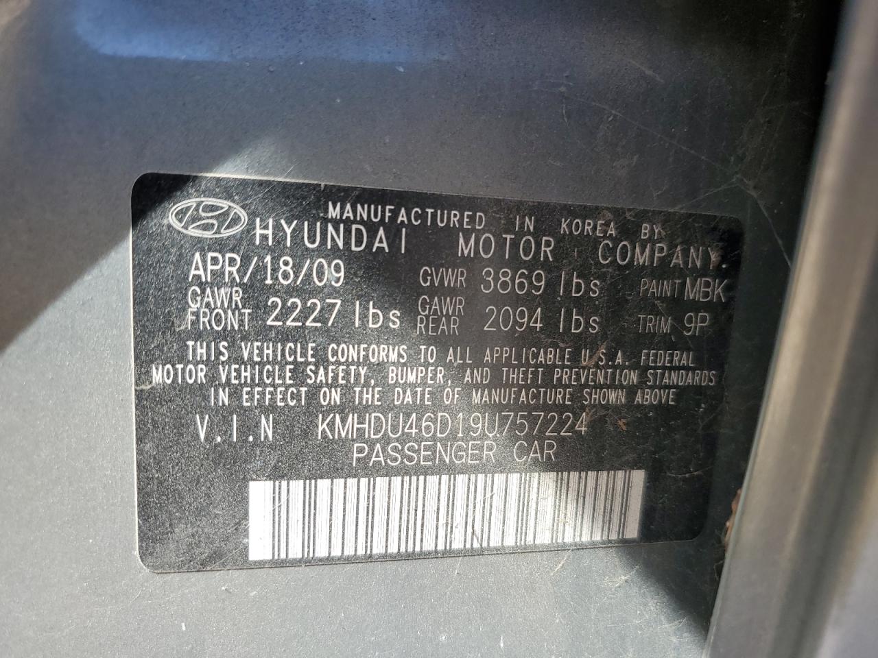 KMHDU46D19U757224 2009 Hyundai Elantra Gls