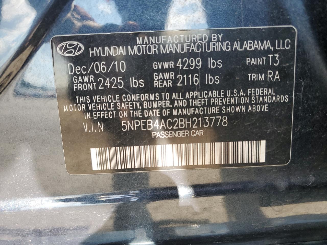 5NPEB4AC2BH213778 2011 Hyundai Sonata Gls