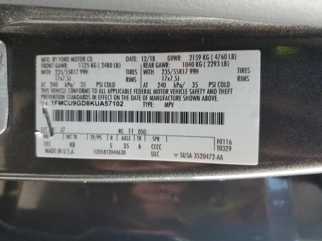 1FMCU9GD8KUA57102 2019 Ford Escape Se