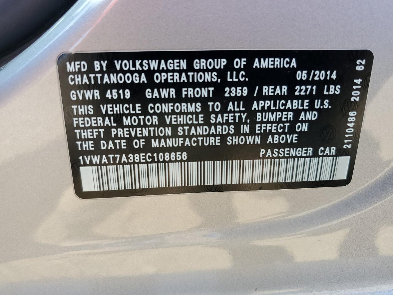 2014 Volkswagen Passat S VIN: 1VWAT7A38EC108656 Lot: 70138694