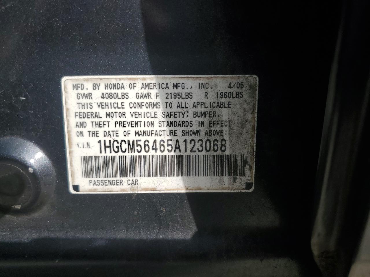 2005 Honda Accord Lx VIN: 1HGCM56465A123068 Lot: 72083904