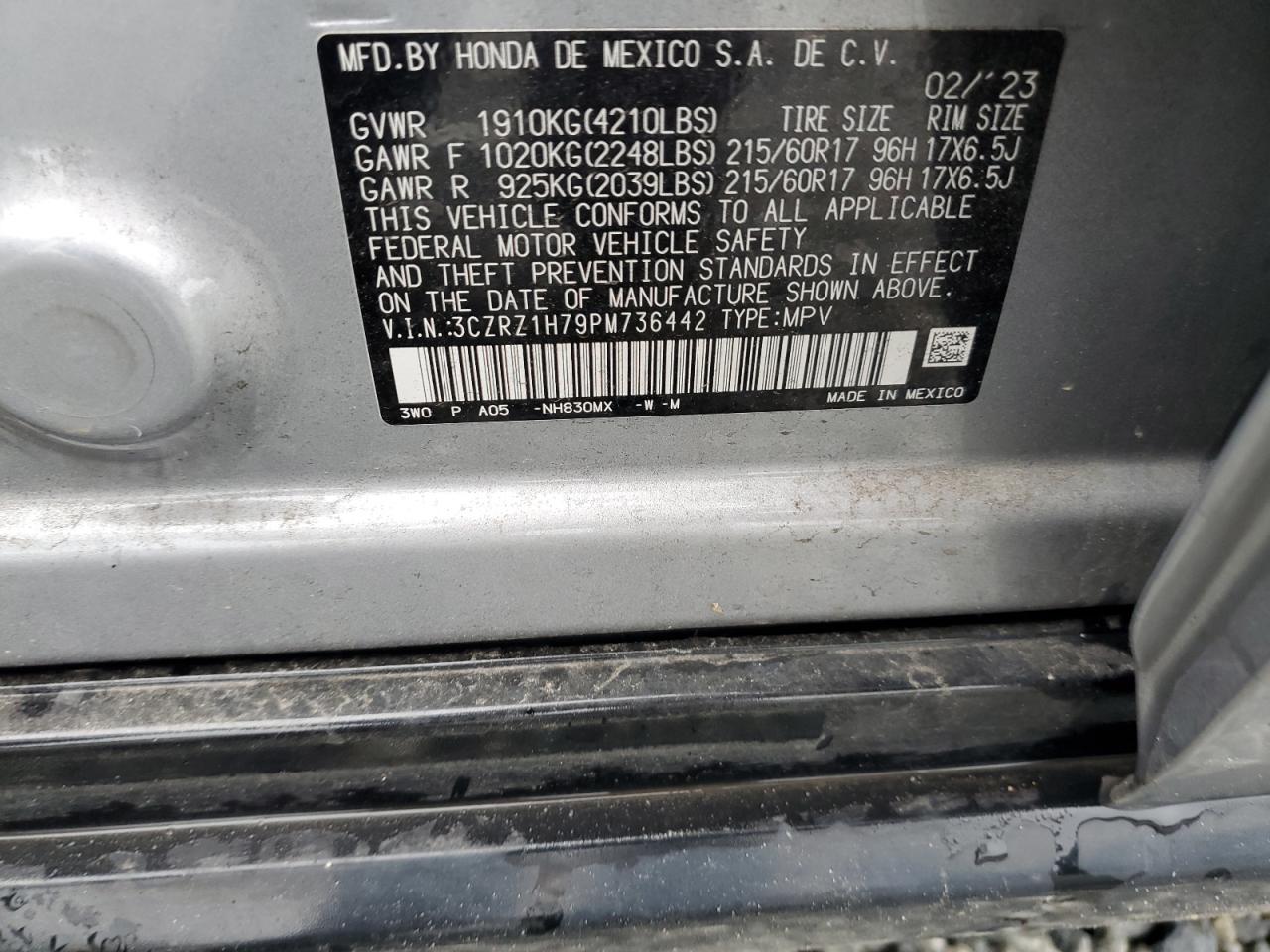 3CZRZ1H79PM736442 2023 Honda Hr-V Exl