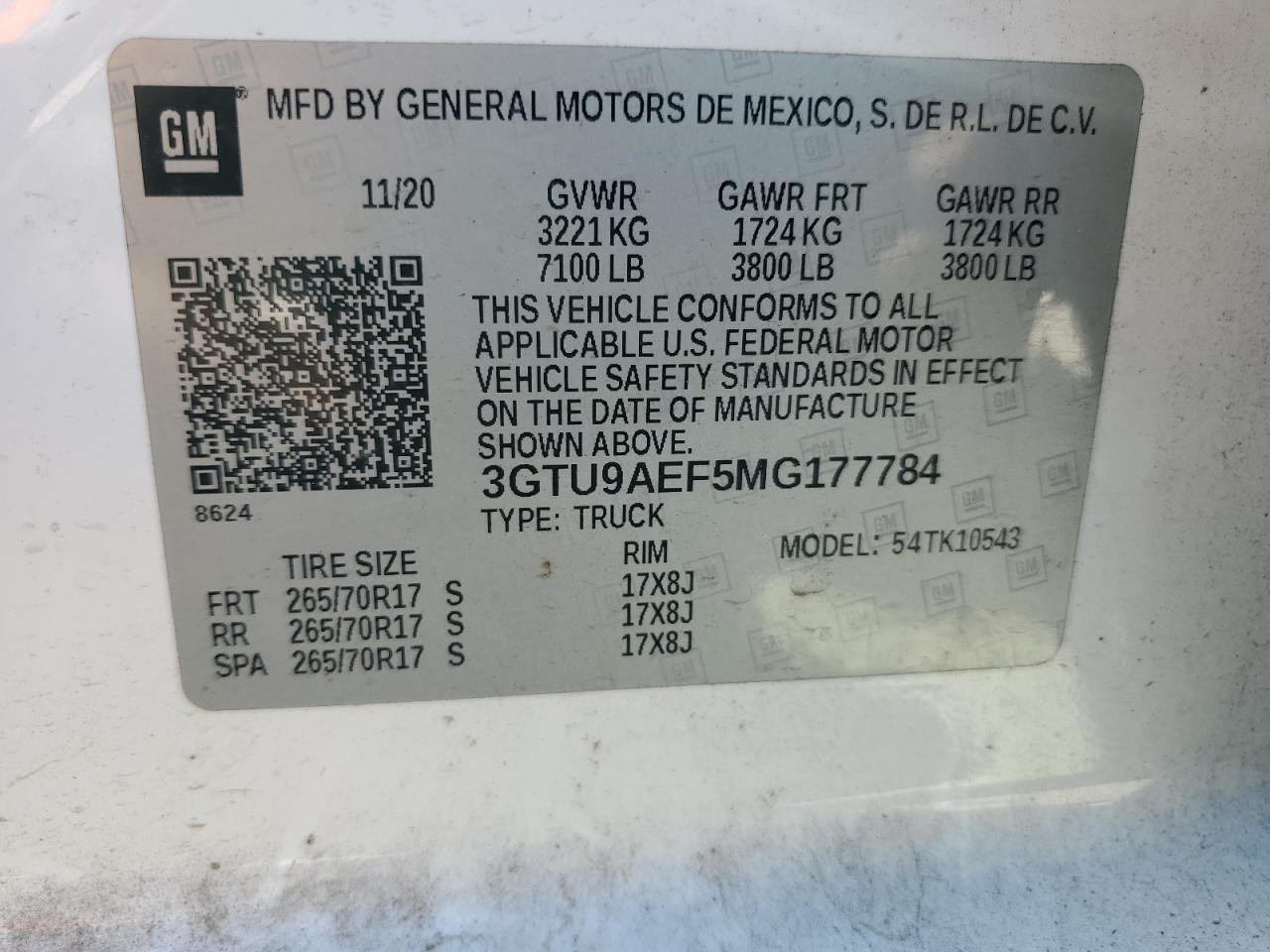 3GTU9AEF5MG177784 2021 GMC Sierra K1500