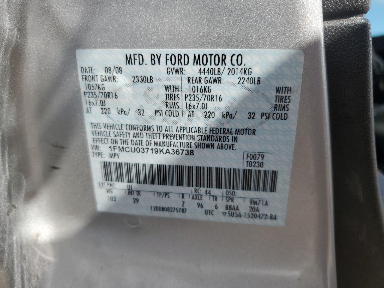 1FMCU03719KA36738 2009 Ford Escape Xlt