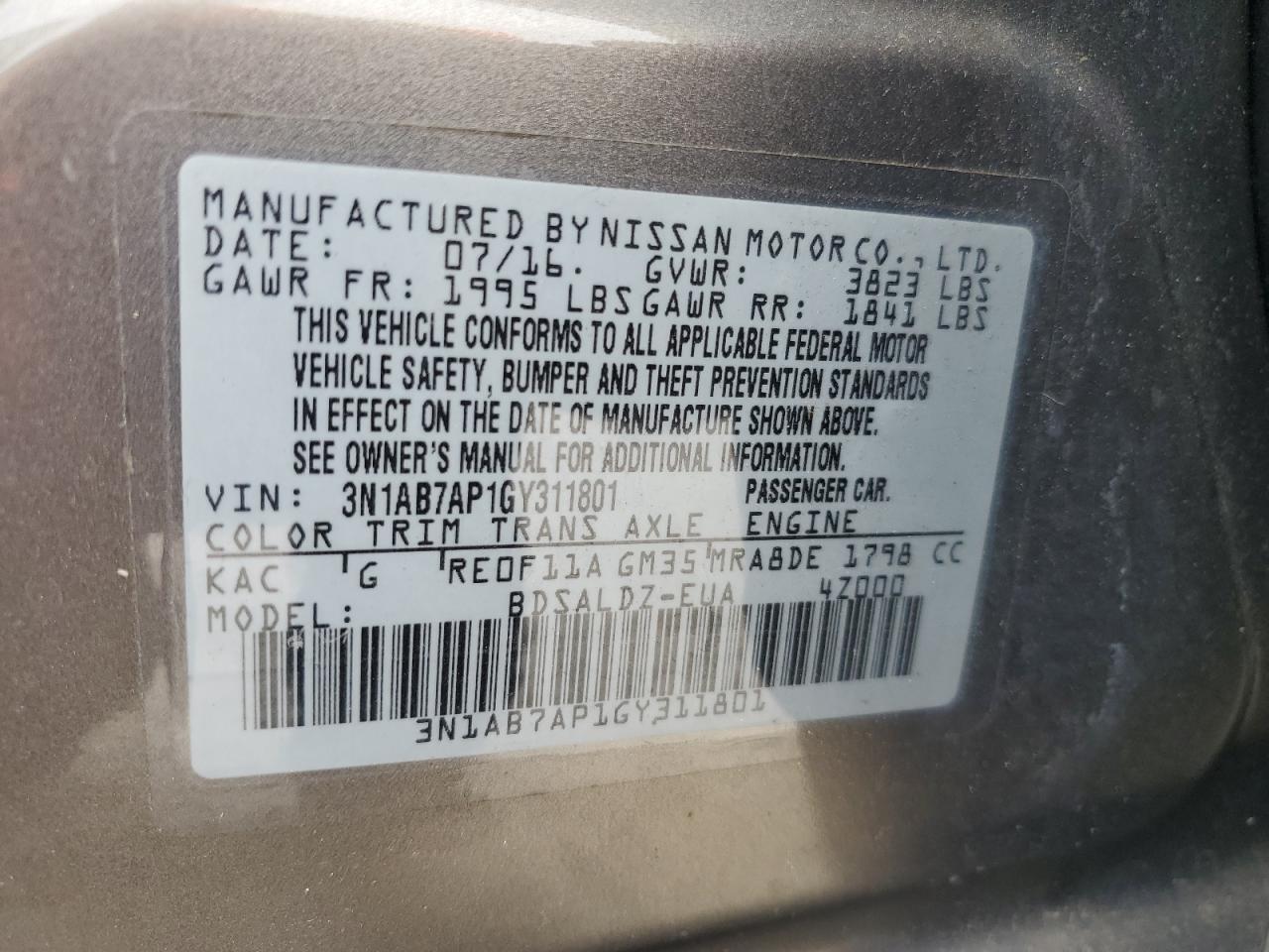 2016 Nissan Sentra S VIN: 3N1AB7AP1GY311801 Lot: 71258424