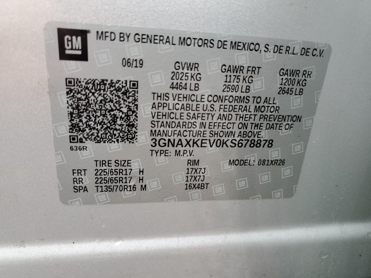 3GNAXKEV0KS678878 2019 Chevrolet Equinox Lt