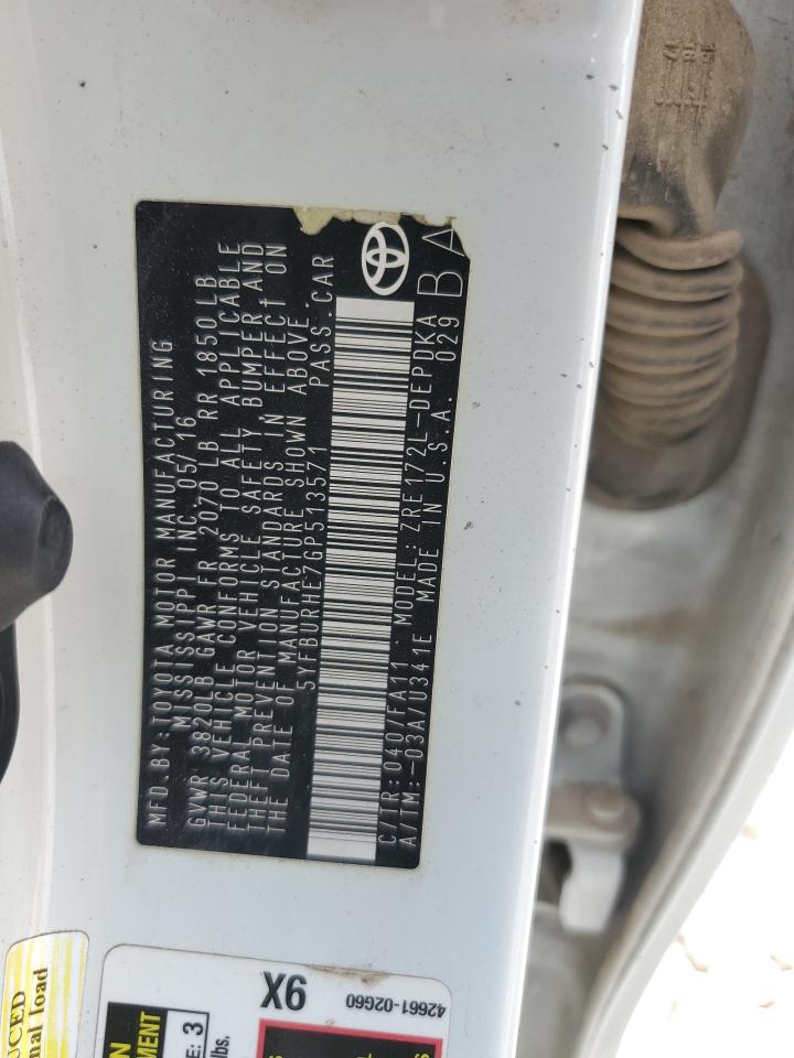 2016 Toyota Corolla L VIN: 5YFBURHE7GP513571 Lot: 61002455