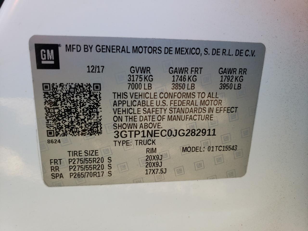 3GTP1NEC0JG282911 2018 GMC Sierra C1500 Slt