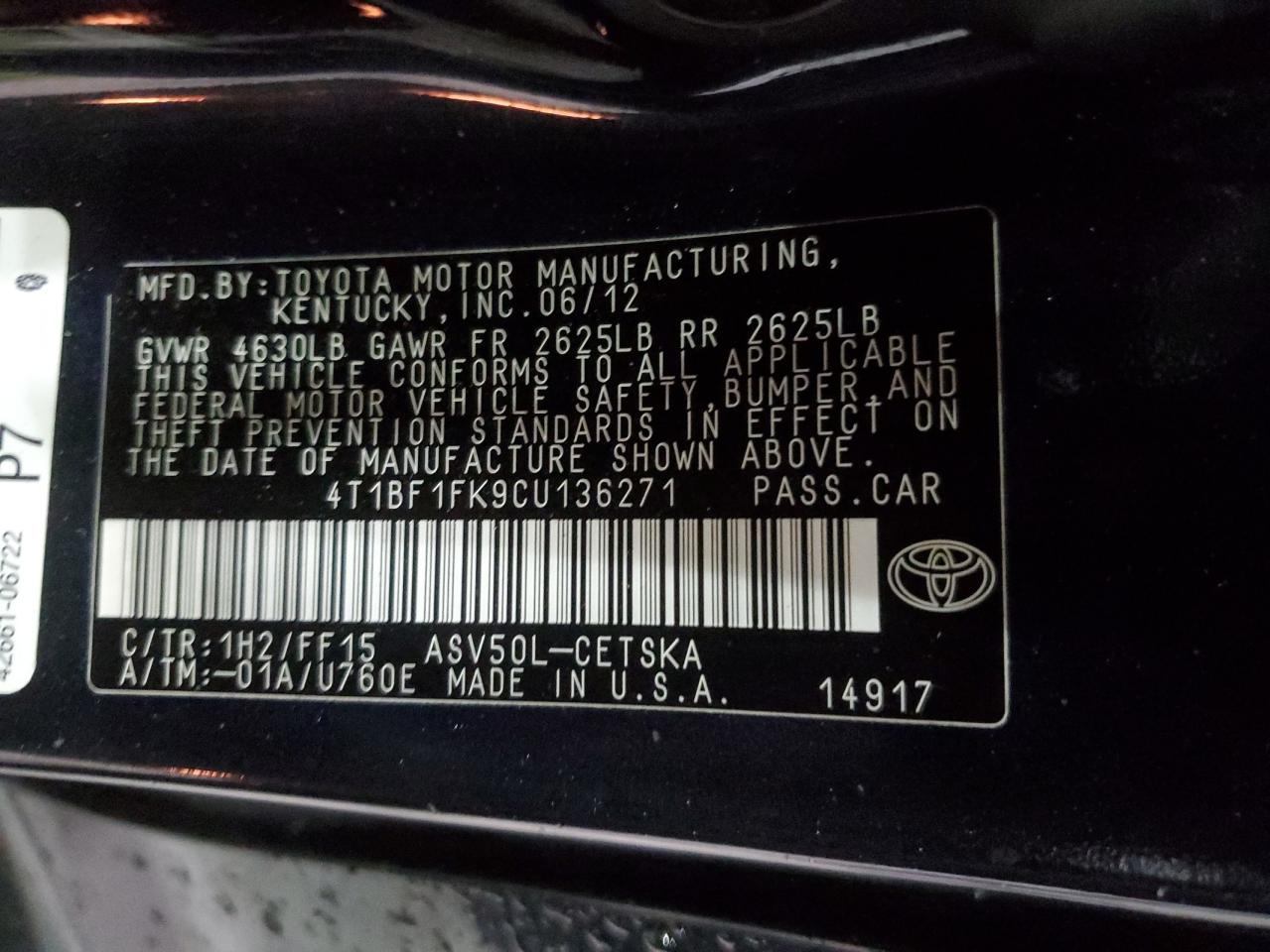 2012 Toyota Camry Base VIN: 4T1BF1FK9CU136271 Lot: 73142294