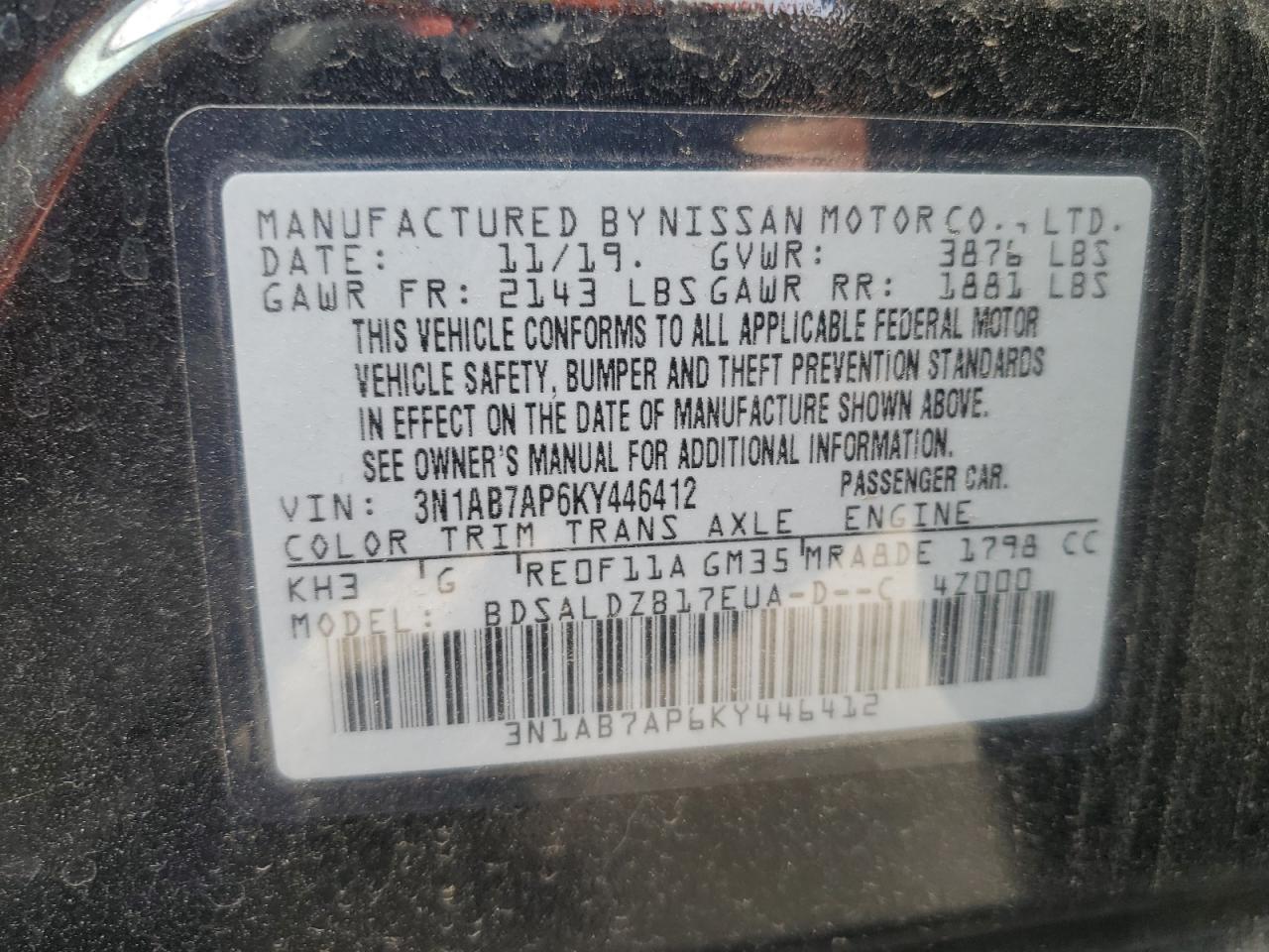 3N1AB7AP6KY446412 2019 Nissan Sentra S