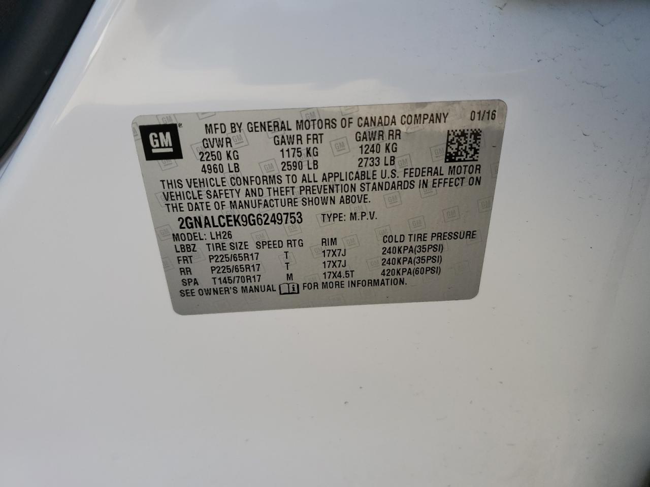 2GNALCEK9G6249753 2016 Chevrolet Equinox Lt