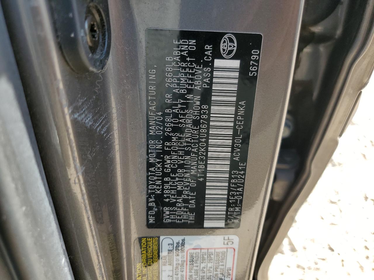 4T1BE32K04U867838 2004 Toyota Camry Le