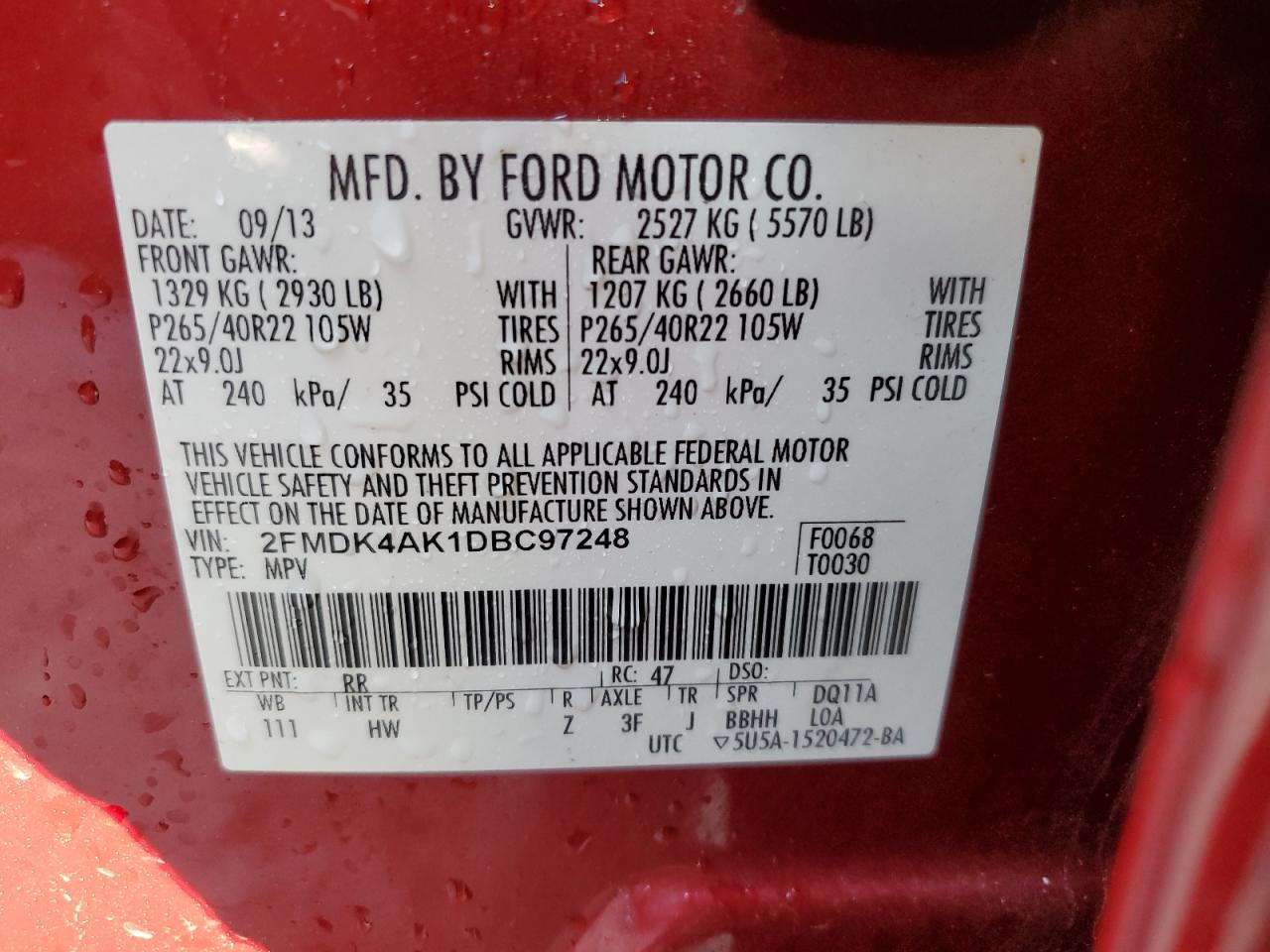 2013 Ford Edge Sport VIN: 2FMDK4AK1DBC97248 Lot: 69215224