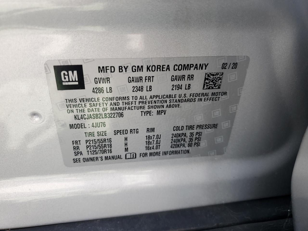 2020 Buick Encore Preferred VIN: KL4CJASB2LB322706 Lot: 72082864