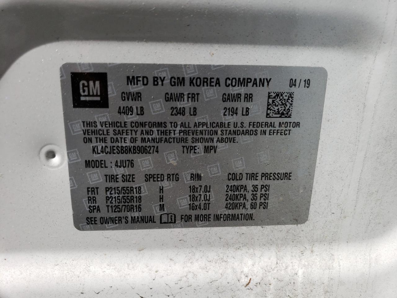 KL4CJESB8KB906274 2019 Buick Encore Preferred