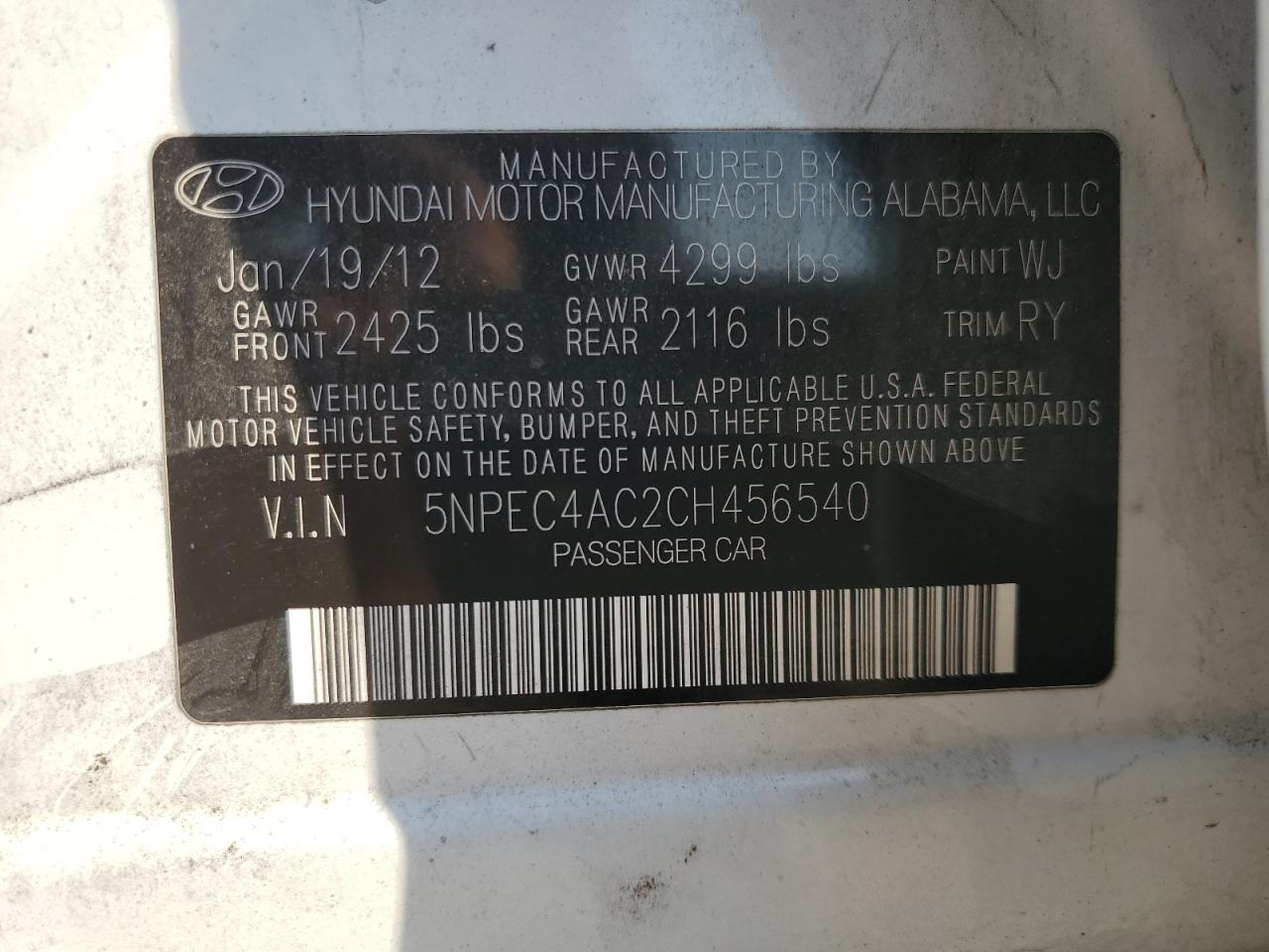 5NPEC4AC2CH456540 2012 Hyundai Sonata Se