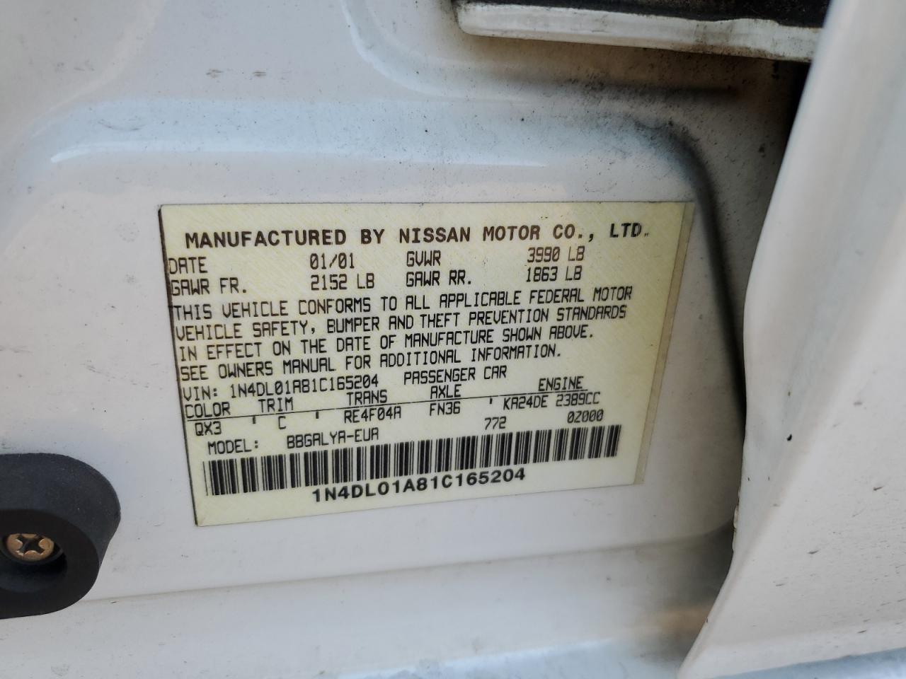 1N4DL01A81C165204 2001 Nissan Altima Gxe