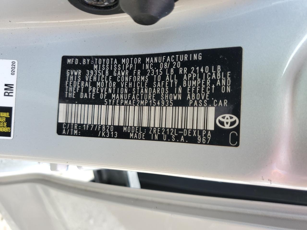 5YFEPMAE2MP154935 2021 Toyota Corolla Le