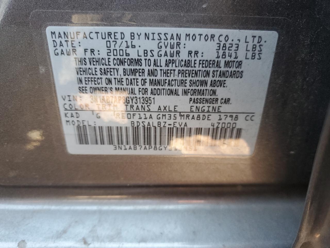 3N1AB7AP8GY313951 2016 Nissan Sentra S