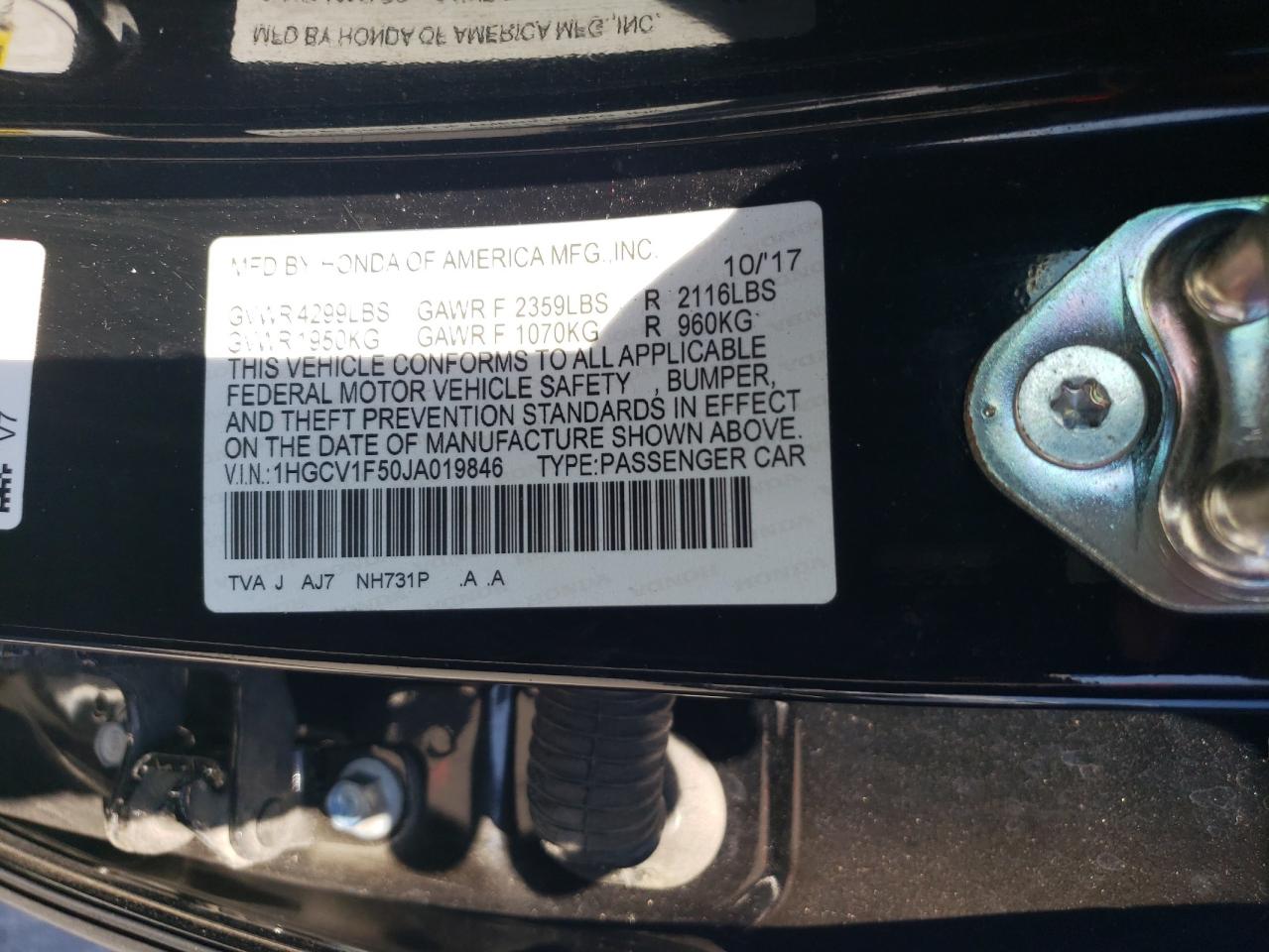 1HGCV1F50JA019846 2018 Honda Accord Exl