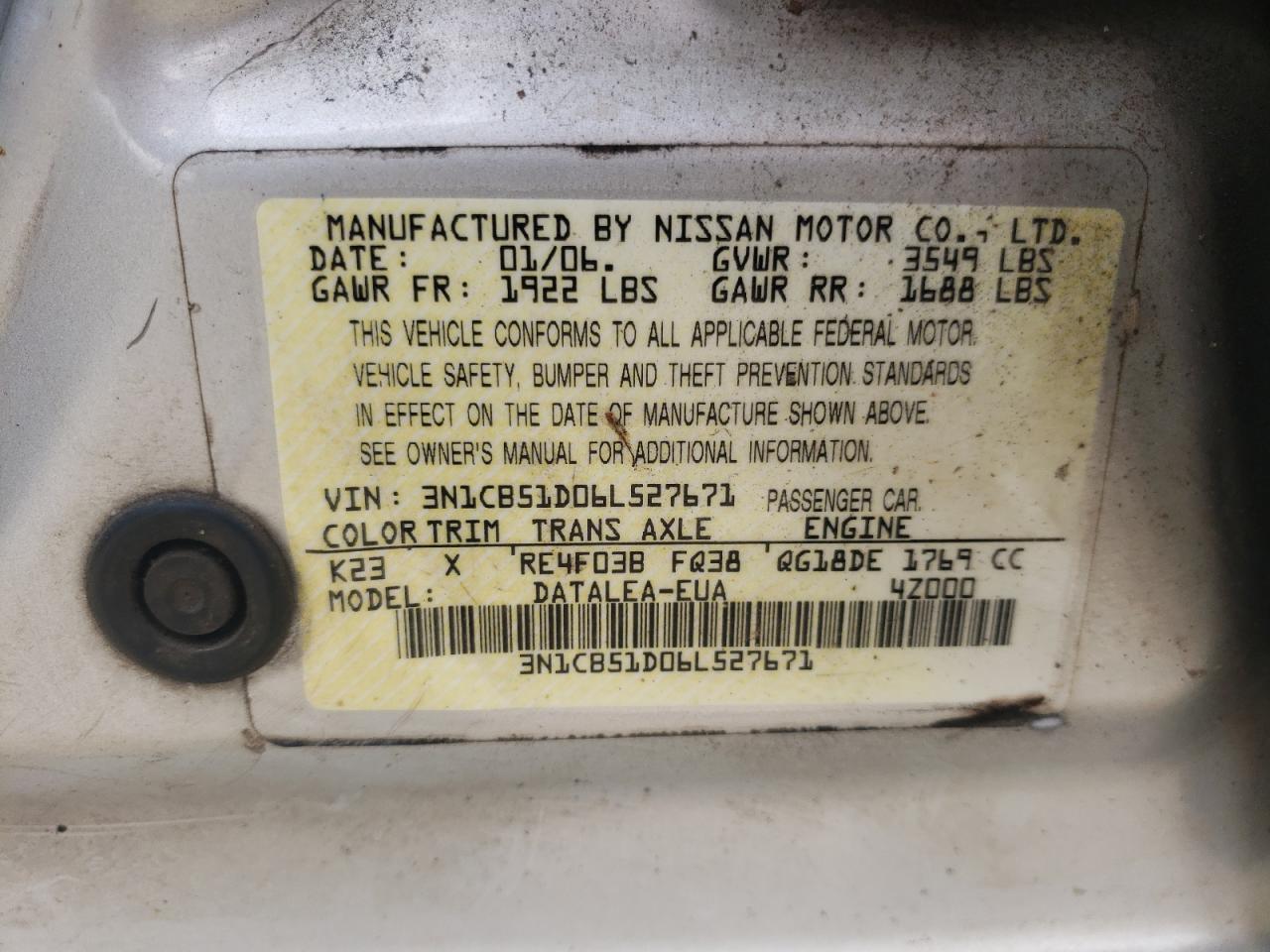 3N1CB51D06L527671 2006 Nissan Sentra 1.8