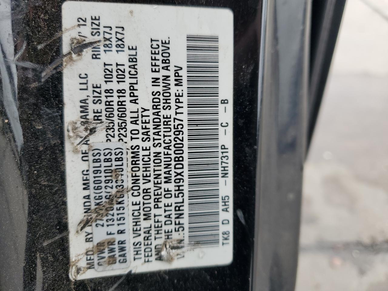 VIN 5FNRL5H9XDB002957 2013 HONDA ODYSSEY no.13