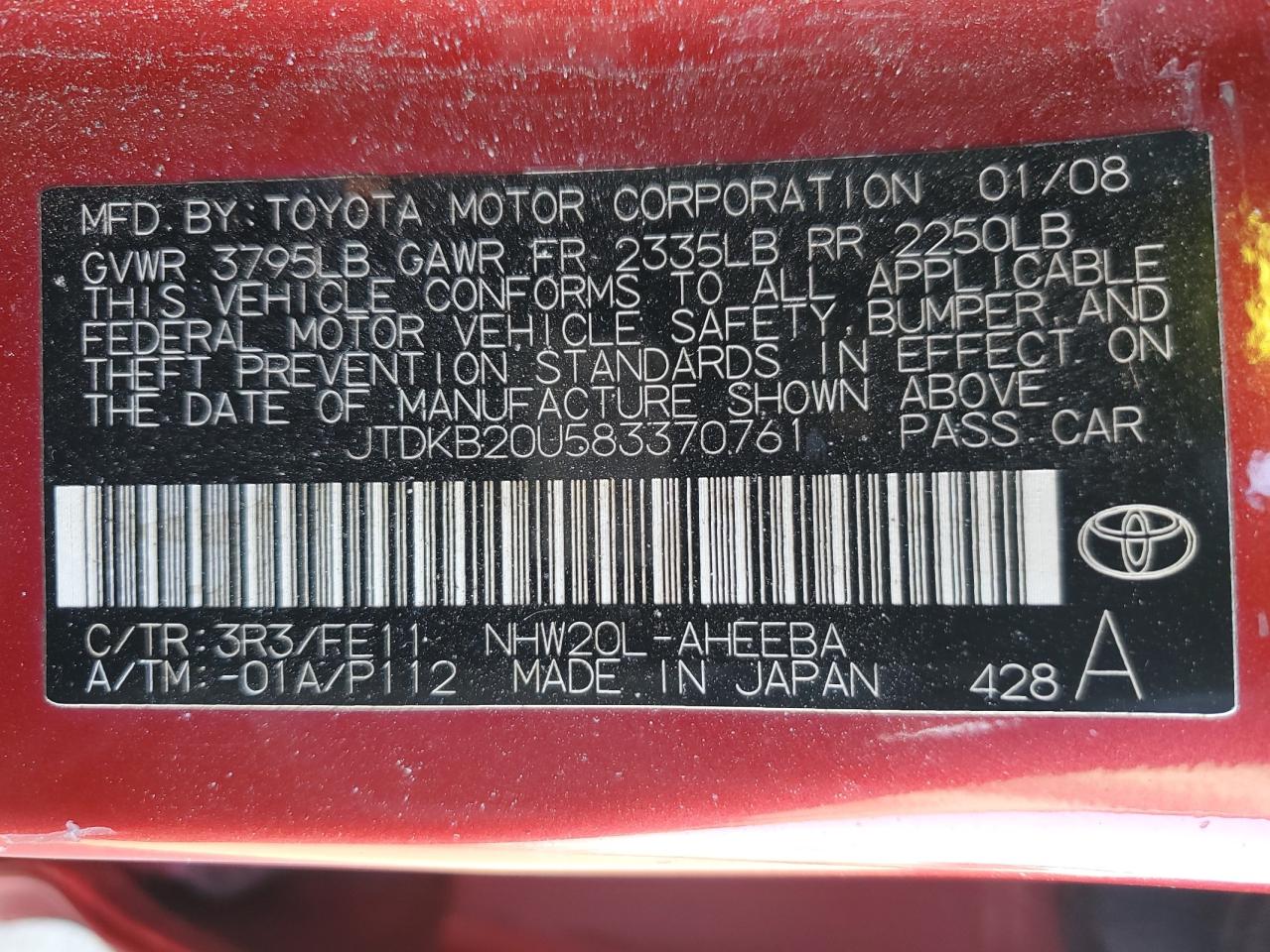 JTDKB20U583370761 2008 Toyota Prius