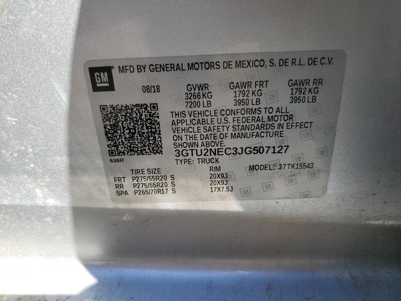 3GTU2NEC3JG507127 2018 GMC Sierra K1500 Slt