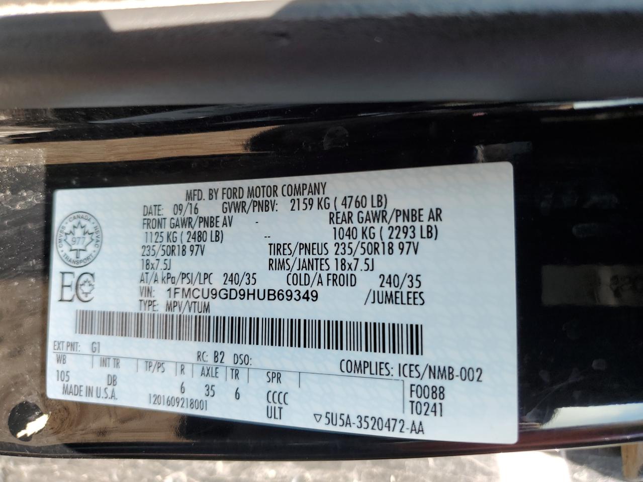 1FMCU9GD9HUB69349 2017 Ford Escape Se