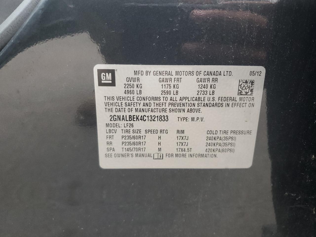 2GNALBEK4C1321833 2012 Chevrolet Equinox Ls