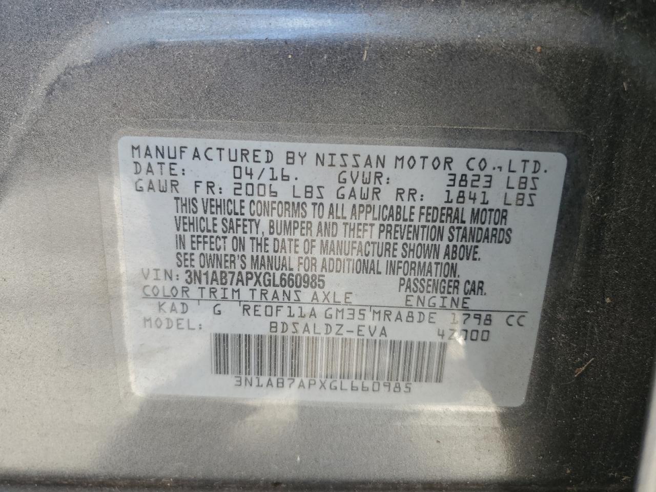 3N1AB7APXGL660985 2016 Nissan Sentra S