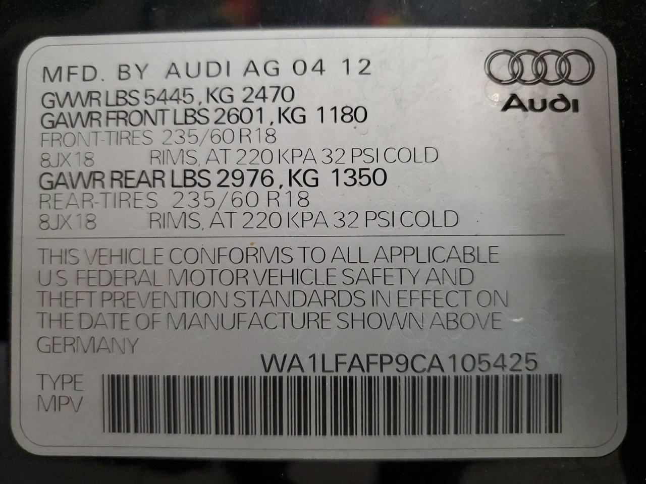 2012 Audi Q5 Premium Plus VIN: WA1LFAFP9CA105425 Lot: 72362724