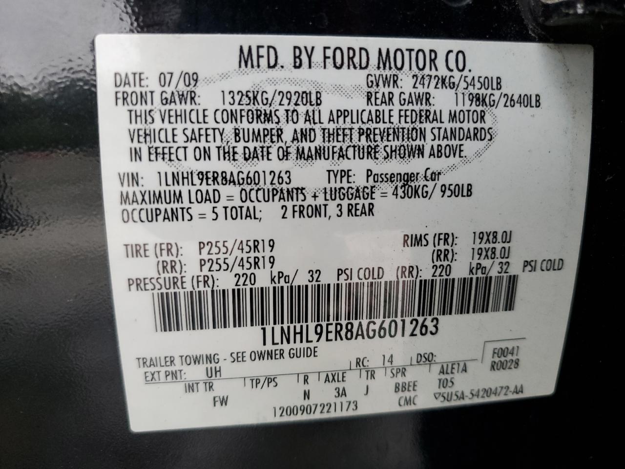 2010 Lincoln Mks VIN: 1LNHL9ER8AG601263 Lot: 73285854