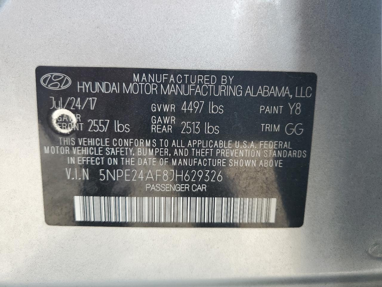 5NPE24AF8JH629326 2018 Hyundai Sonata Se