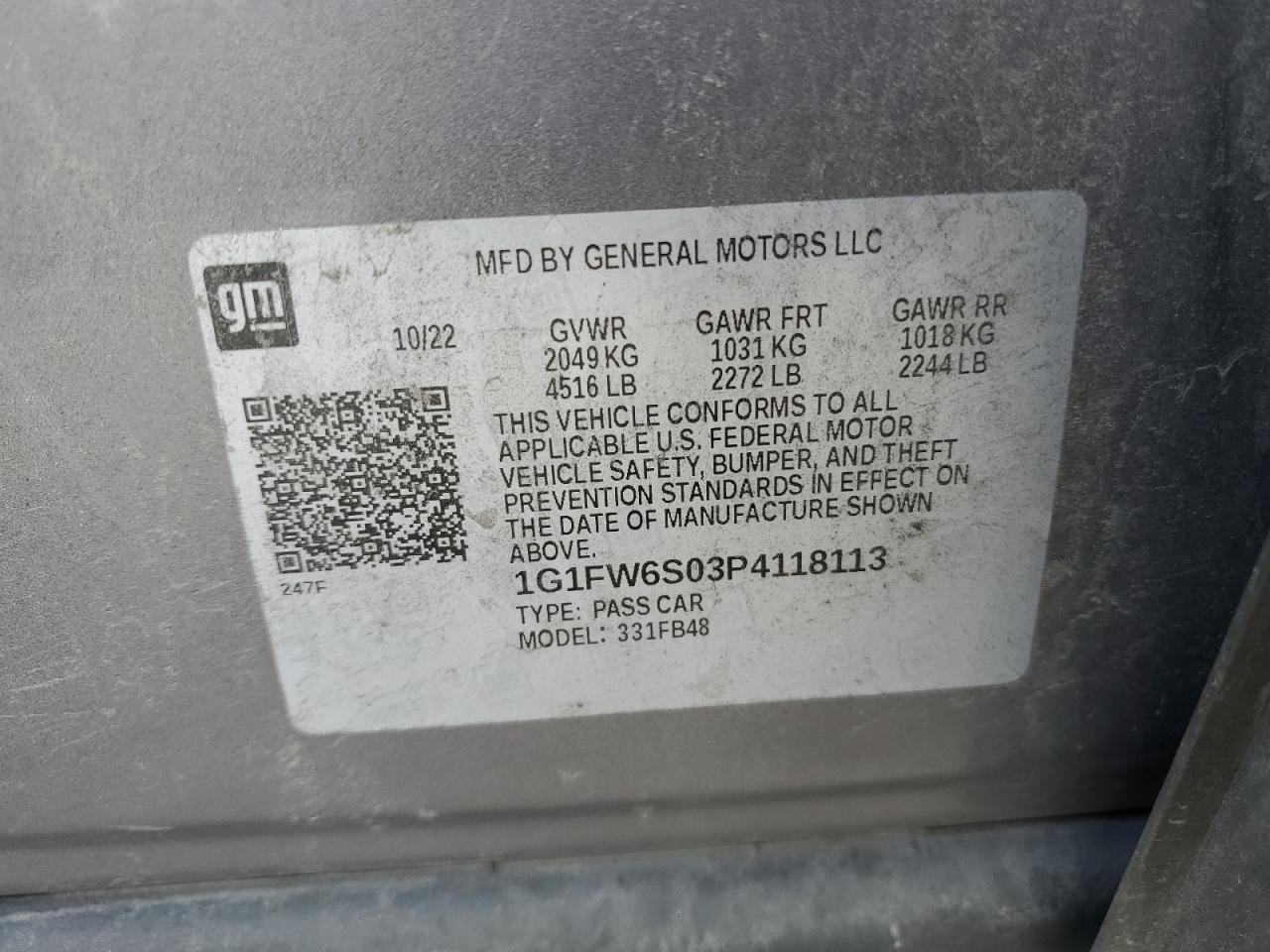 1G1FW6S03P4118113 2023 Chevrolet Bolt Ev 1Lt