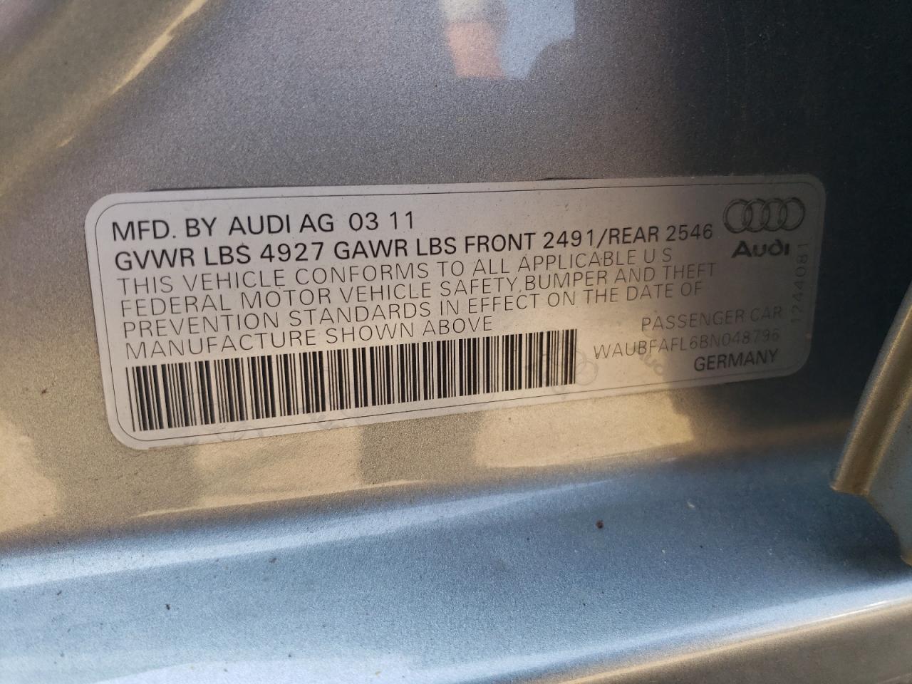 WAUBFAFL6BN048796 2011 Audi A4 Premium