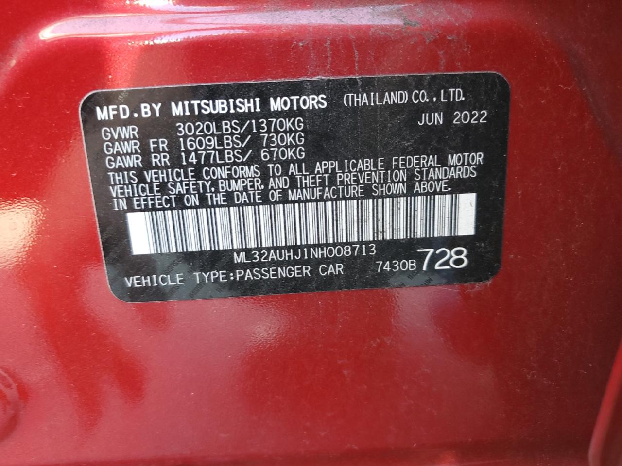 ML32AUHJ1NH008713 2022 Mitsubishi Mirage Es