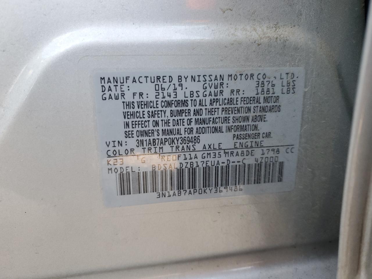 3N1AB7AP0KY369486 2019 Nissan Sentra S