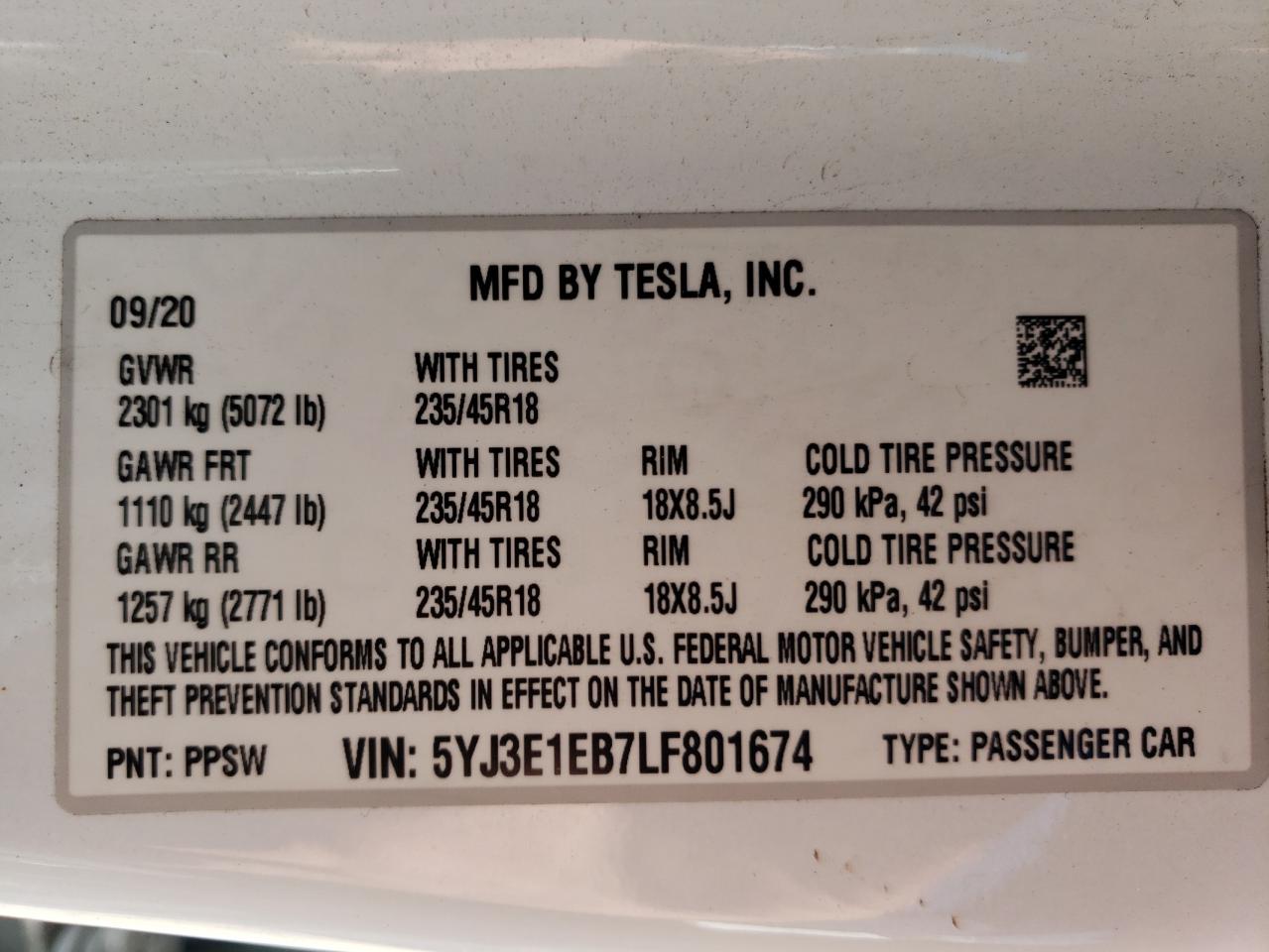 5YJ3E1EB7LF801674 2020 Tesla Model 3