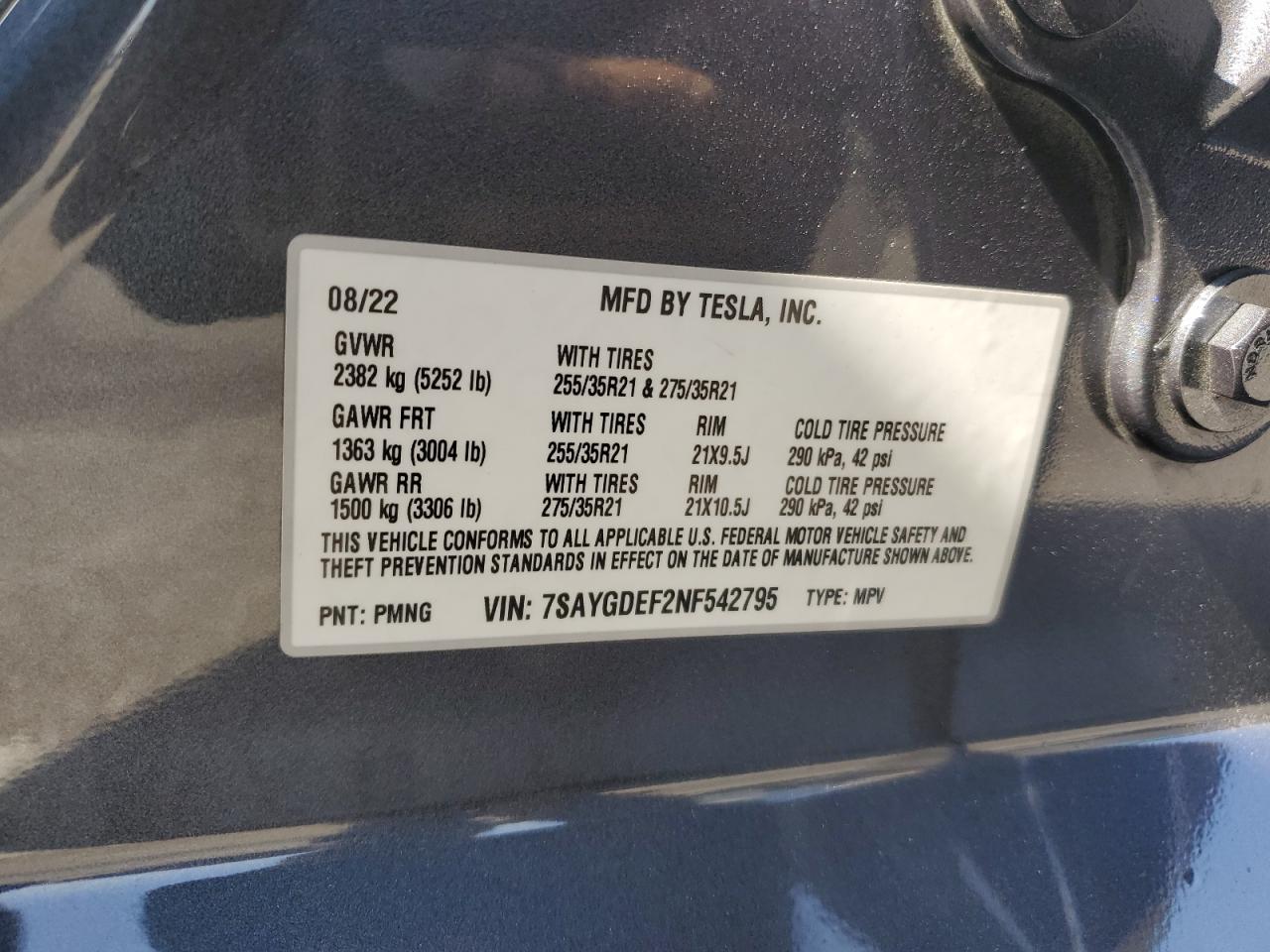 7SAYGDEF2NF542795 2022 Tesla Model Y