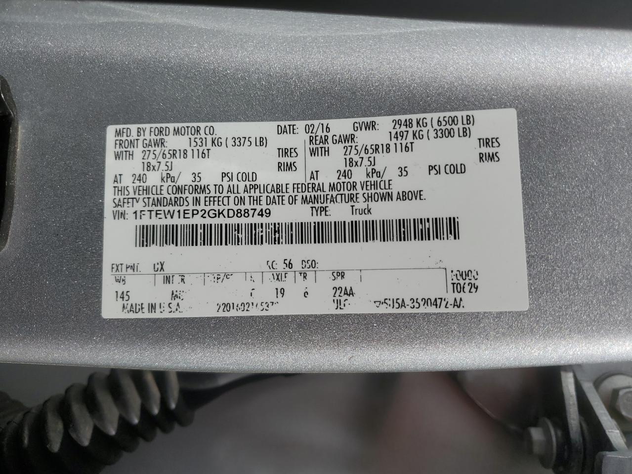 1FTEW1EP2GKD88749 2016 Ford F150 Supercrew