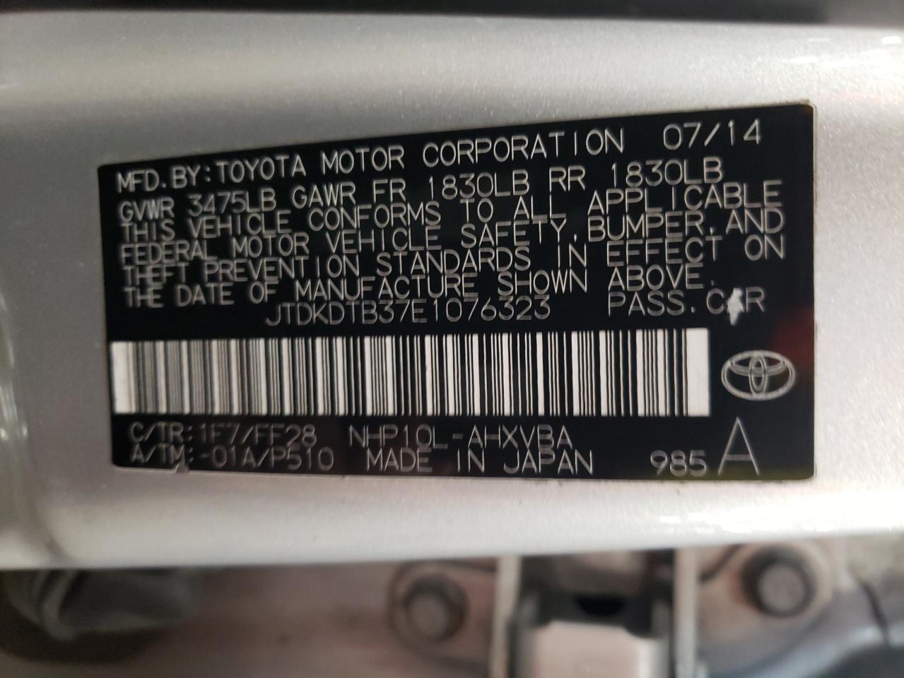 JTDKDTB37E1076323 2014 Toyota Prius C