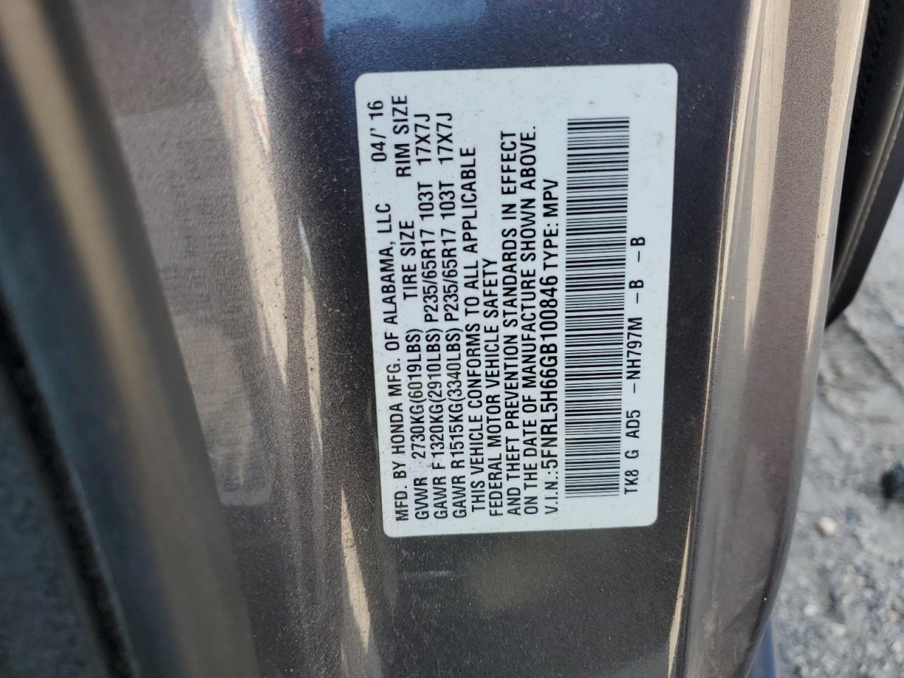 5FNRL5H66GB100846 2016 Honda Odyssey Exl