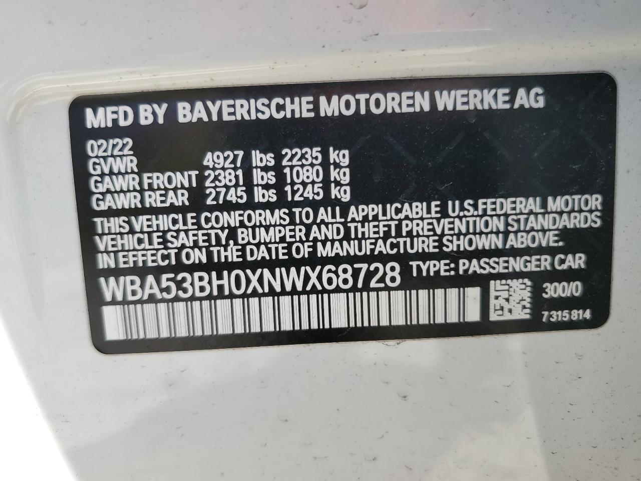 2022 BMW 530 I VIN: WBA53BH0XNWX68728 Lot: 71123044